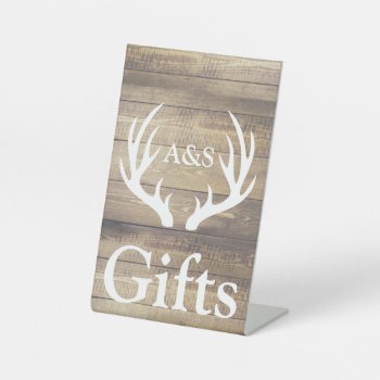 Rustic Farmhouse Wood & Deer Antlers Gifts Pedestal Sign by GrudaHomeDecor at Zazzle