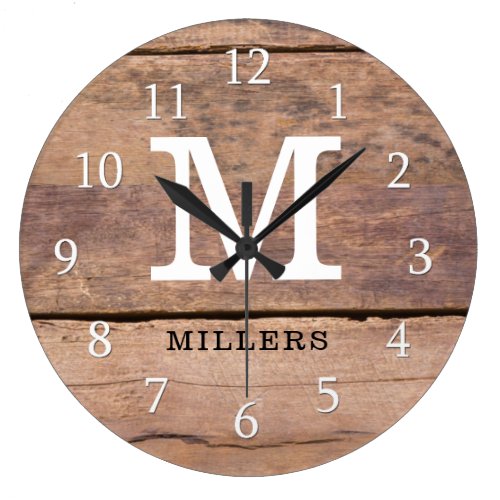 Rustic Farmhouse Wood Family Name Monogrammed Large Clock