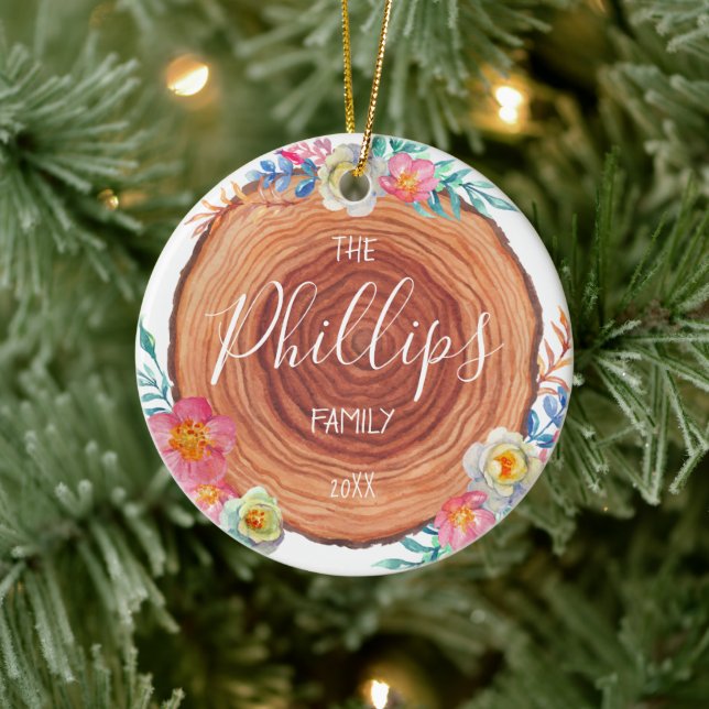 Rustic Farmhouse Wood Slice Personalized Family Ceramic Ornament (Tree)