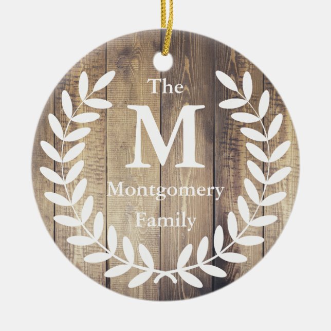 Rustic Farmhouse Wood White Laurels Family Name Ceramic Ornament (Front)