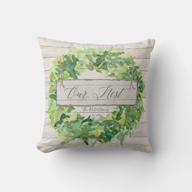 Rustic Farmhouse Wooden Our Nest Greenery Wreath Throw Pillow (Front)