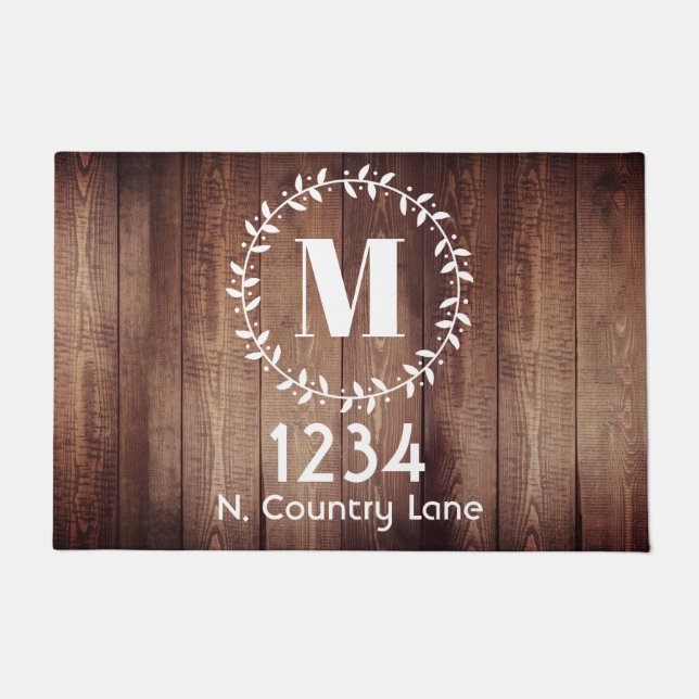 Rustic Farmhouse Wreath Barn Wood Monogram Doormat (Front)