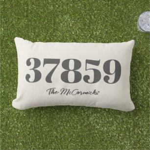 Rustic Farmhouse Zip Code Beige Monogram Outdoor Lumbar Pillow