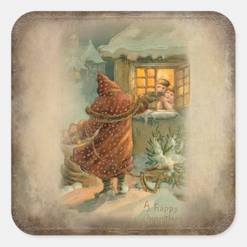 Rustic Father Christmas with Children at Window Square Sticker