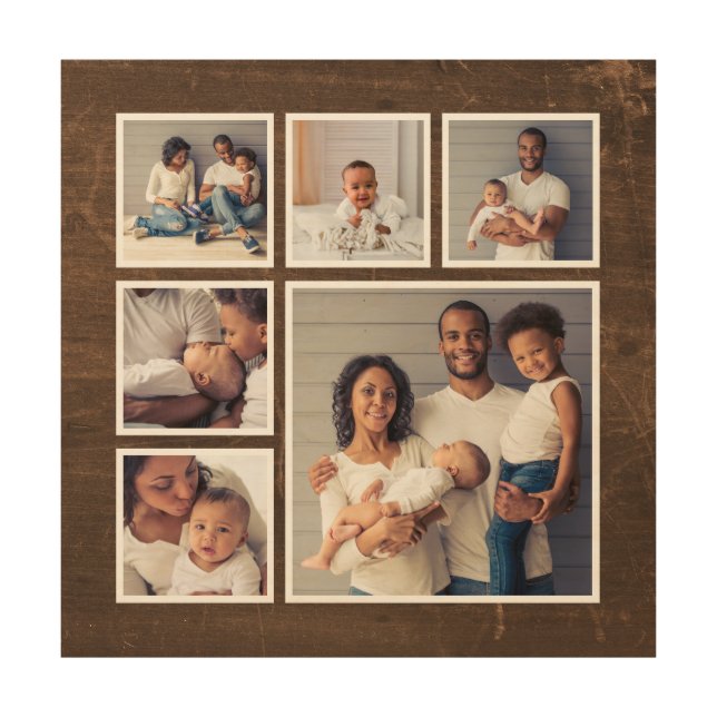 Rustic Faux Barn Wood 6 Square Photo Collage Wall Art (Front)
