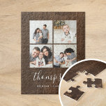 Rustic Faux Barn Wood Family Photo Collage Jigsaw Puzzle<br><div class="desc">Custom printed jigsaw puzzle personalized with your family photos and monogram on a faux barn wood background. Add your family name monogram or other custom text with space for 4 square Instagram photos. Use the design tools to add more photos and edit the text fonts and colors to create a...</div>