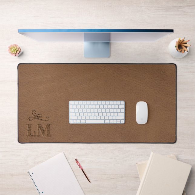 Rustic Faux Brown Leather Custom Monogram Desk Mat (Office 1)