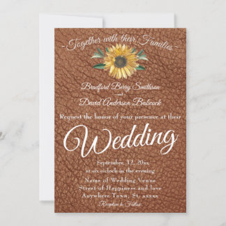 Rustic Faux Brown Leather Golden Sunflower wedding Invitation