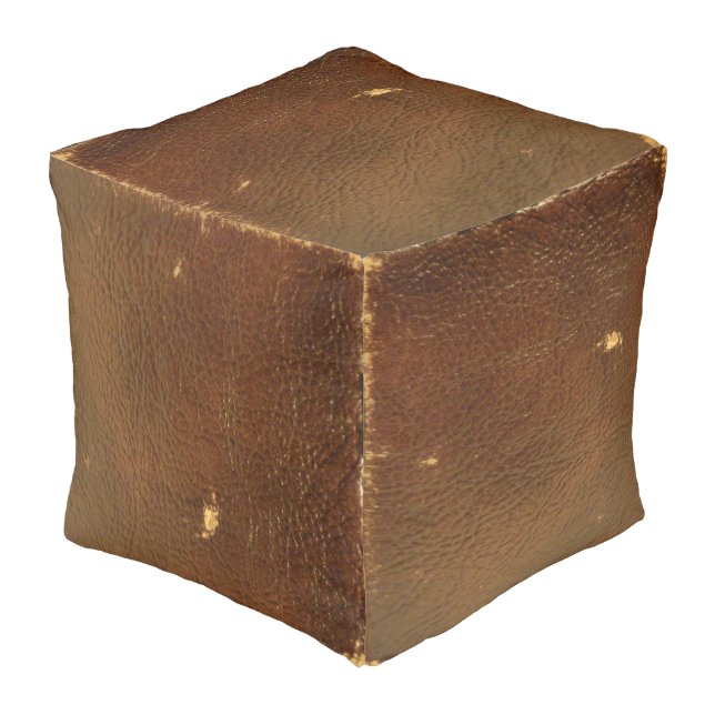 Rustic Faux Brown Leather Pouf (Angled Front)