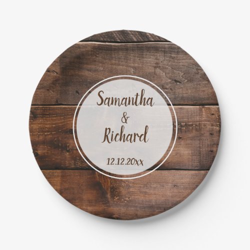 Rustic Faux Brown Wood Country Wedding Paper Plates
