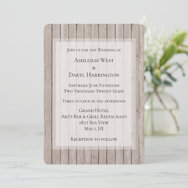 Rustic Faux Brown Wood Wedding Invitation (Standing Front)