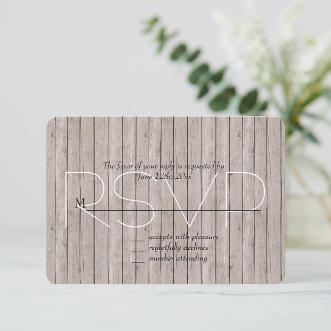 Rustic Faux Brown Wood Wedding RSVP Card (Standing Front)