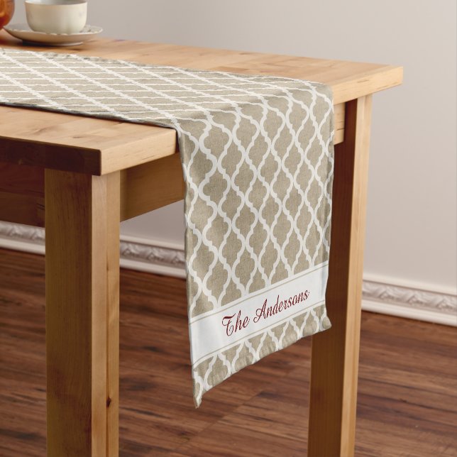 Rustic Faux Burlap and White Moroccan Quatrefoil Short Table Runner (In Situ)