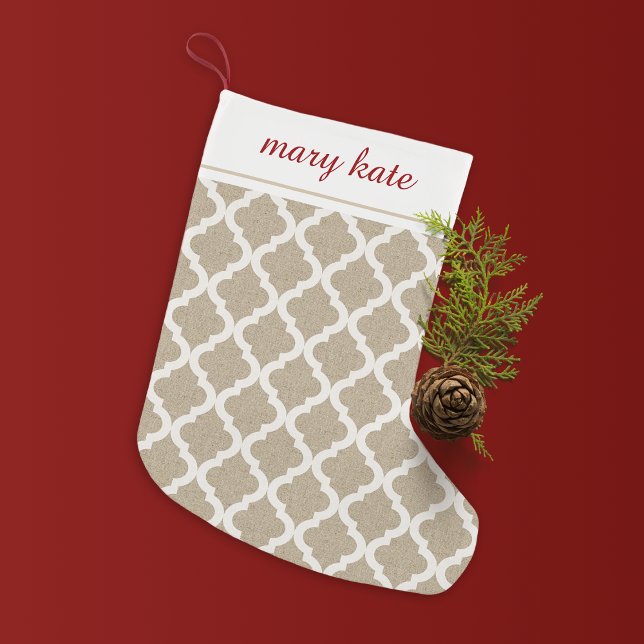 Rustic Faux Burlap and White Moroccan Quatrefoil Small Christmas Stocking (Creator Uploaded)