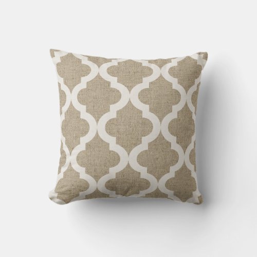 Rustic Faux Burlap and White Moroccan Quatrefoil Throw Pillow