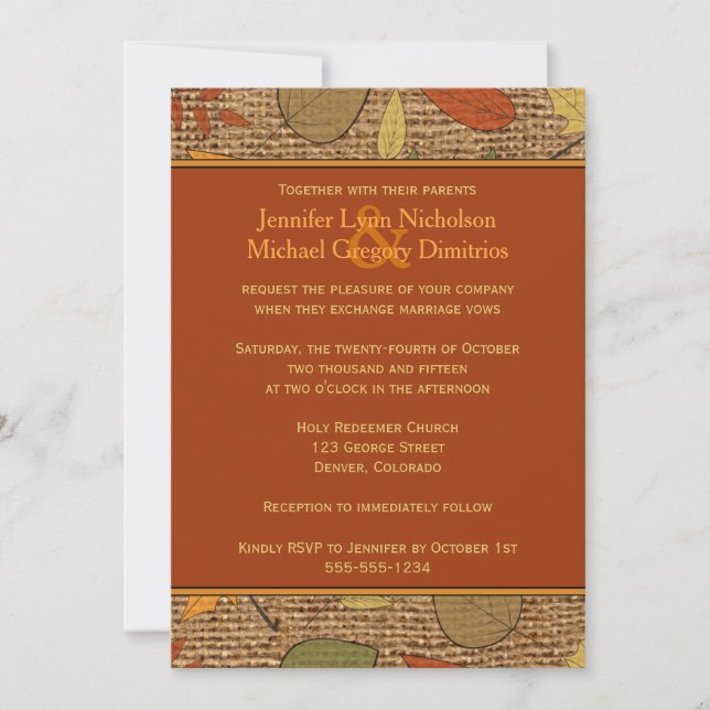 Rustic FAUX Burlap, Autumn Leaves Wedding Invite 2 (Front)
