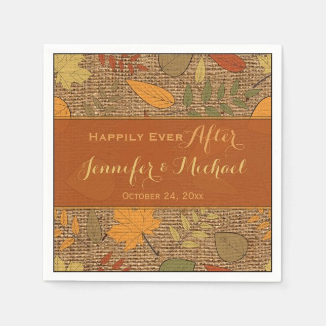 Rustic FAUX Burlap, Autumn Leaves Wedding Napkins (Front)