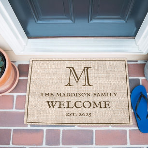Rustic Faux Burlap Family Monogram Welcome Brown Doormat