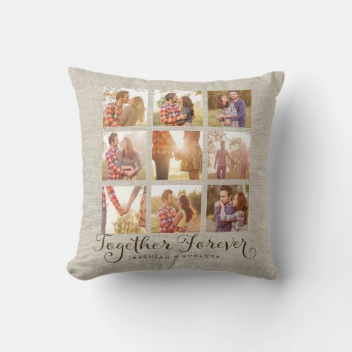 Rustic Faux Burlap Family Photo Collage Throw Pillow