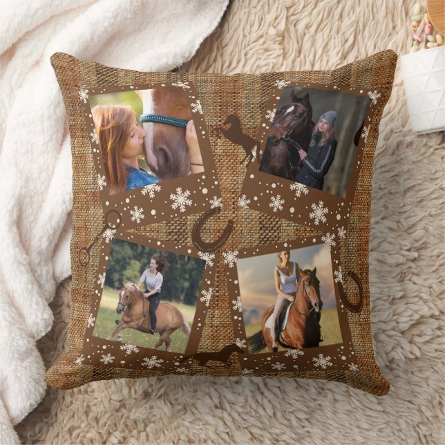 Rustic Faux Burlap Four Photo Collage Horse Throw Pillow (Blanket)