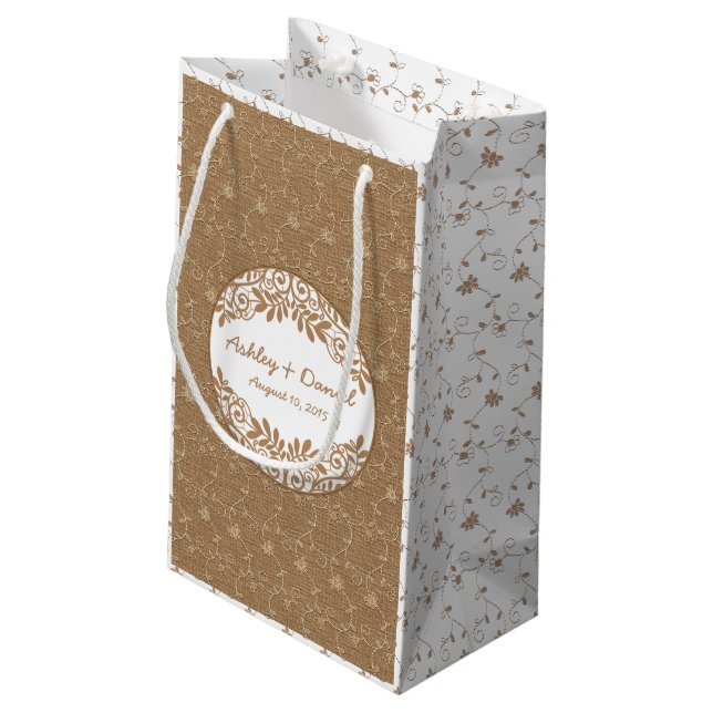 Rustic Faux Burlap Lace Wedding Welcome Bag (Back Angled)