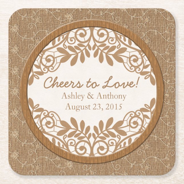 Rustic Faux Burlap Lace Wood Wedding Personalized Square Paper Coaster (Front)