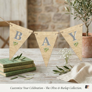 Rustic Faux Burlap & Olive Branch Botanical Monogr Bunting Flags