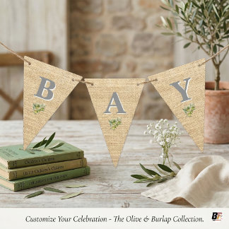 Rustic Faux Burlap & Olive Branch Botanical Monogr Bunting Flags