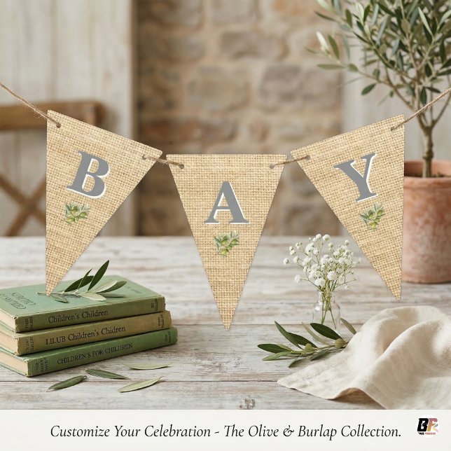 Rustic Faux Burlap & Olive Branch Botanical Monogr Bunting Flags (Creator Uploaded)