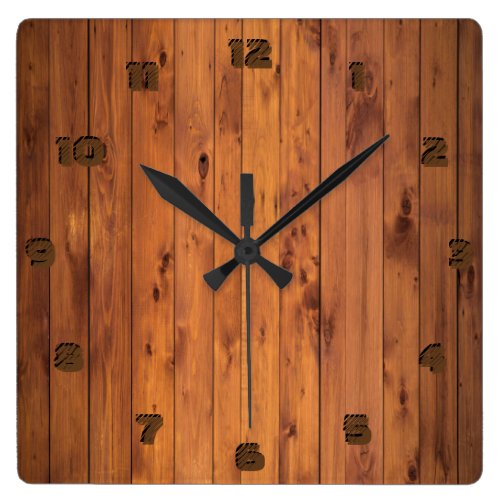 Rustic Faux Cherry Wood Stylized 3d Number Square Wall Clock