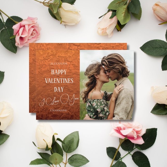Rustic Faux Copper Metal Couple Photo Valentines Holiday Card (Creator Uploaded)