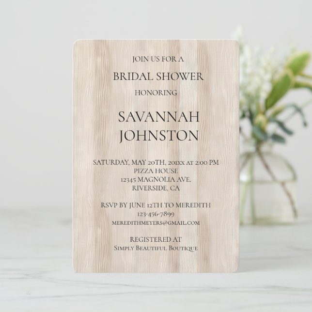 Rustic Faux Cream White Wood Bridal Shower Invitation (Standing Front)