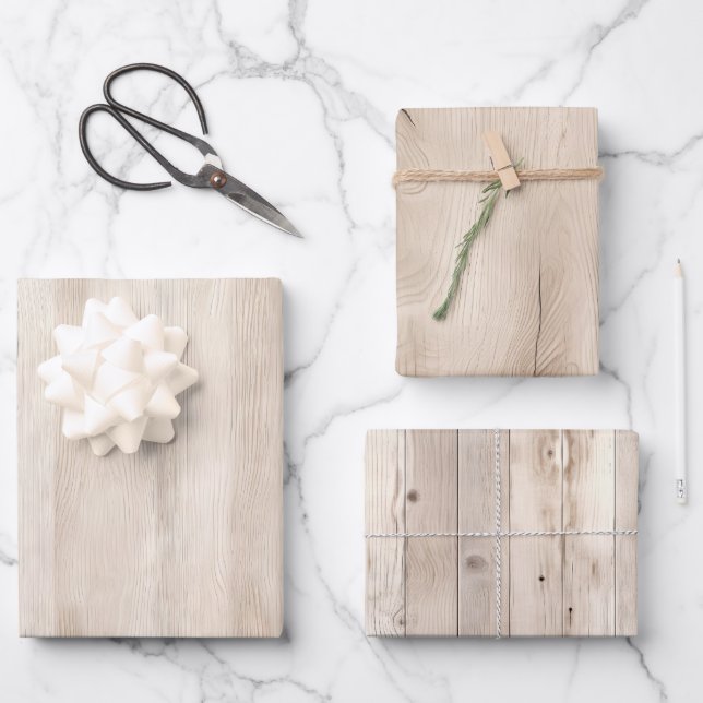 Rustic Faux Cream White Wood Wedding Wrapping Paper Sheets (Front)