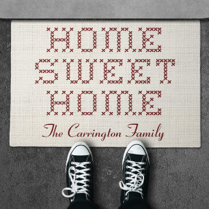 Rustic Faux Cross-Stitch Home Sweet Home Burgundy Doormat