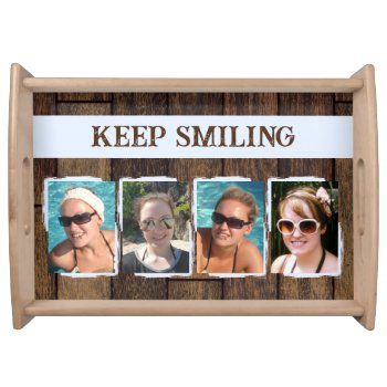 Rustic Faux Dark Brown Wood 4 Photos Blue Serving Tray by LynnroseDesigns at Zazzle