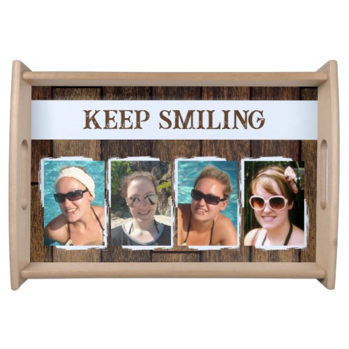 Rustic faux dark brown wood 4 photos blue serving tray