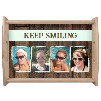Rustic Faux Dark Brown Wood 4 Photos Green Serving Tray by LynnroseDesigns at Zazzle
