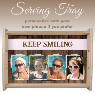 Rustic faux dark brown wood 4 photos pink serving tray