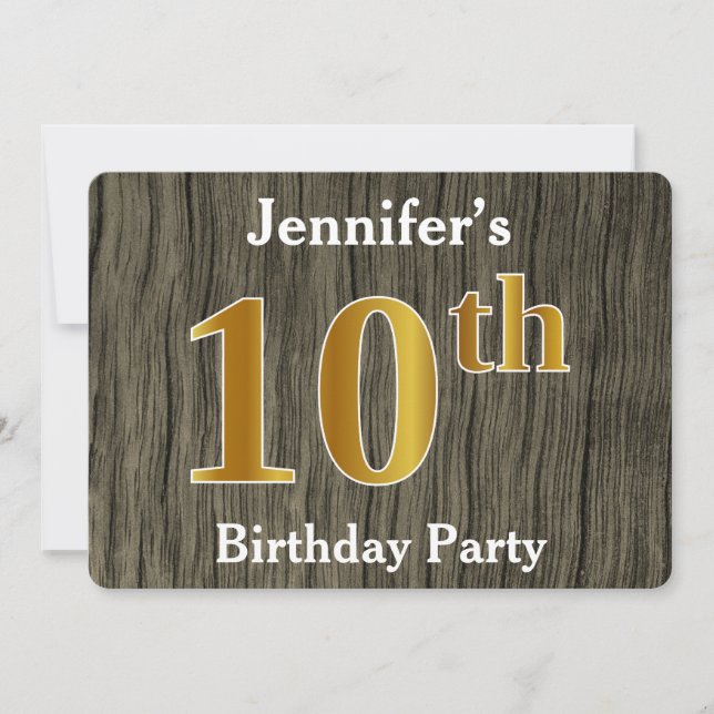 Rustic, Faux Gold 10th Birthday Party; Custom Name Invitation (Front)