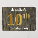 [ Thumbnail: Rustic, Faux Gold 10th Birthday Party; Custom Name Invitation ]