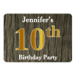 [ Thumbnail: Rustic, Faux Gold 10th Birthday Party; Custom Name Invitation ]