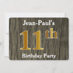 [ Thumbnail: Rustic, Faux Gold 11th Birthday Party; Custom Name Invitation ]
