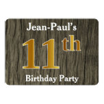 [ Thumbnail: Rustic, Faux Gold 11th Birthday Party; Custom Name Invitation ]