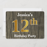 [ Thumbnail: Rustic, Faux Gold 12th Birthday Party; Custom Name Invitation ]
