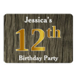 [ Thumbnail: Rustic, Faux Gold 12th Birthday Party; Custom Name Invitation ]