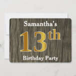 [ Thumbnail: Rustic, Faux Gold 13th Birthday Party; Custom Name Invitation ]