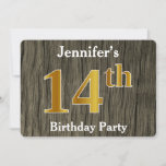 [ Thumbnail: Rustic, Faux Gold 14th Birthday Party; Custom Name Invitation ]