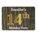 [ Thumbnail: Rustic, Faux Gold 14th Birthday Party; Custom Name Invitation ]