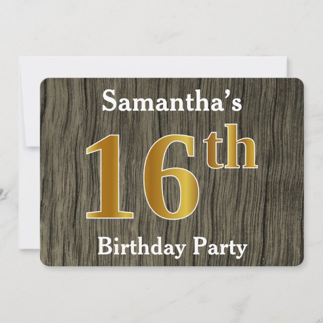 Rustic, Faux Gold 16th Birthday Party; Custom Name Invitation (Front)