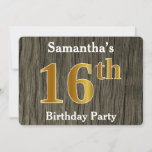 [ Thumbnail: Rustic, Faux Gold 16th Birthday Party; Custom Name Invitation ]